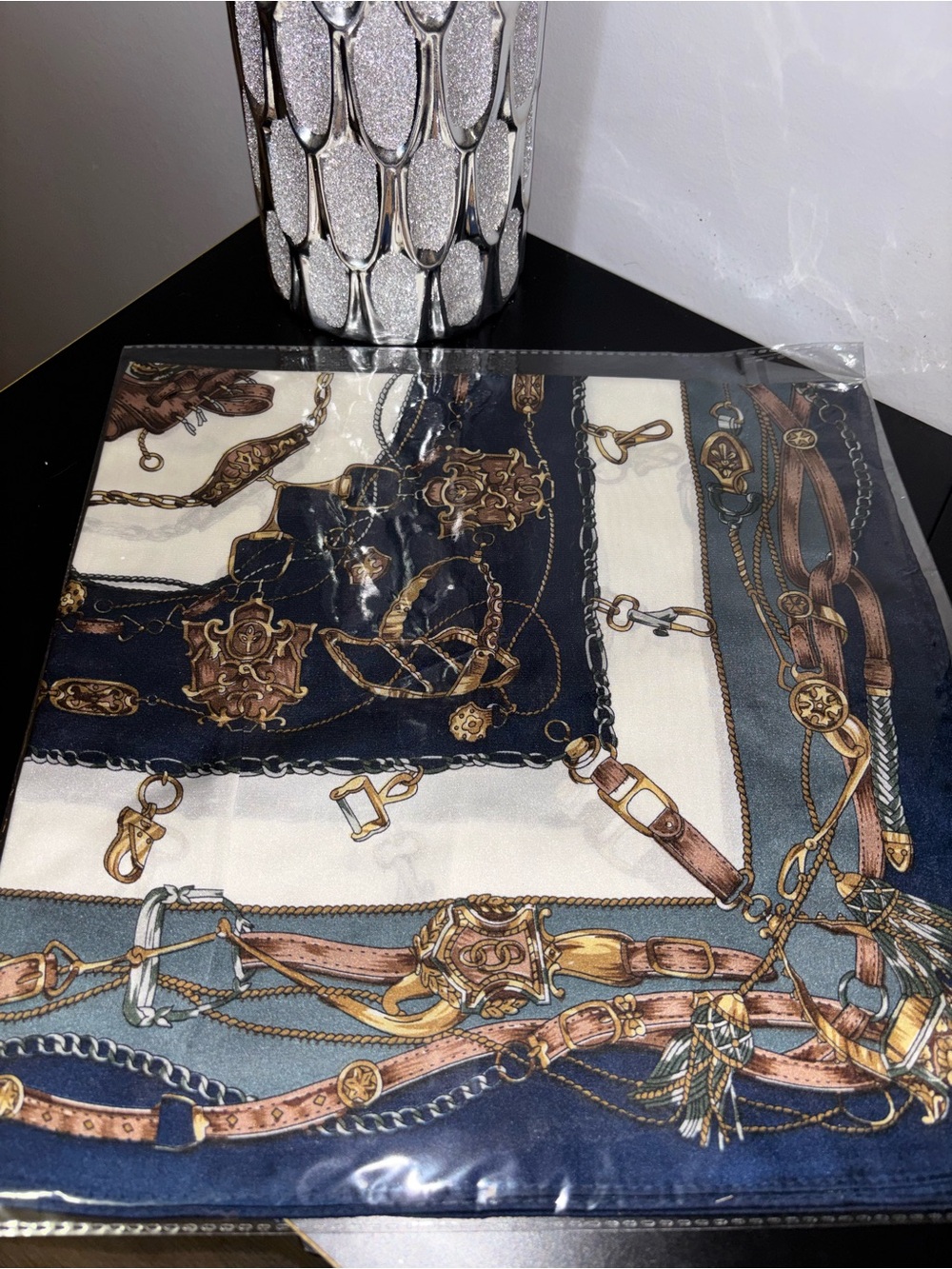 ✨Chain & Equestrian Print Silk-Feel Scarf in Navy, Cream and Tan✨